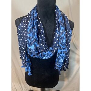 Womens Blue Mixed Print Scarf Polka Dot Paisley Floral Tassel Trim Lightweight